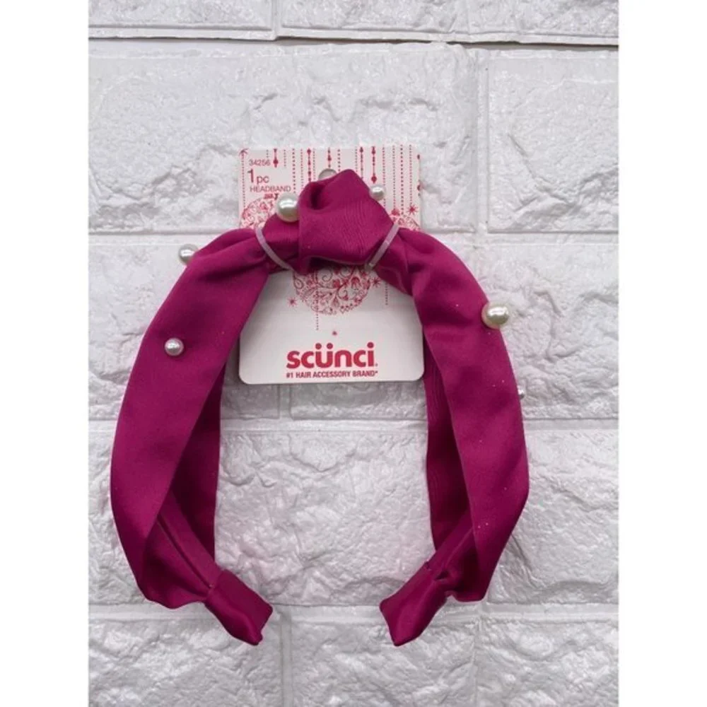 Scunci‎ Headband Magenta Color With White Pearls Headband 1 Inch Wide New